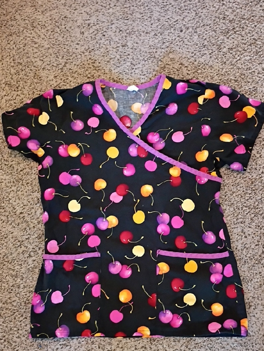 Playful Cherry-Print Black Scrub Top with Purple Trim